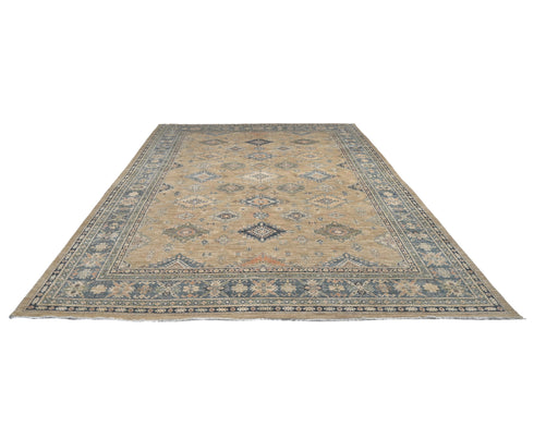 10x14 Kazak Brown Afghan Hand Knotted Geometric Wool Area Rug